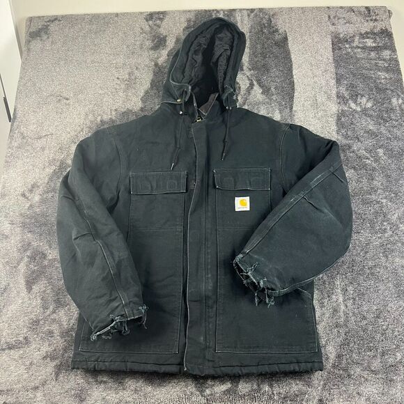 Vtg Carhartt Canvas Removable Hood Navy Blue Full Zip Jacket Quilt Lined XL/XXL - Picture 1 of 14